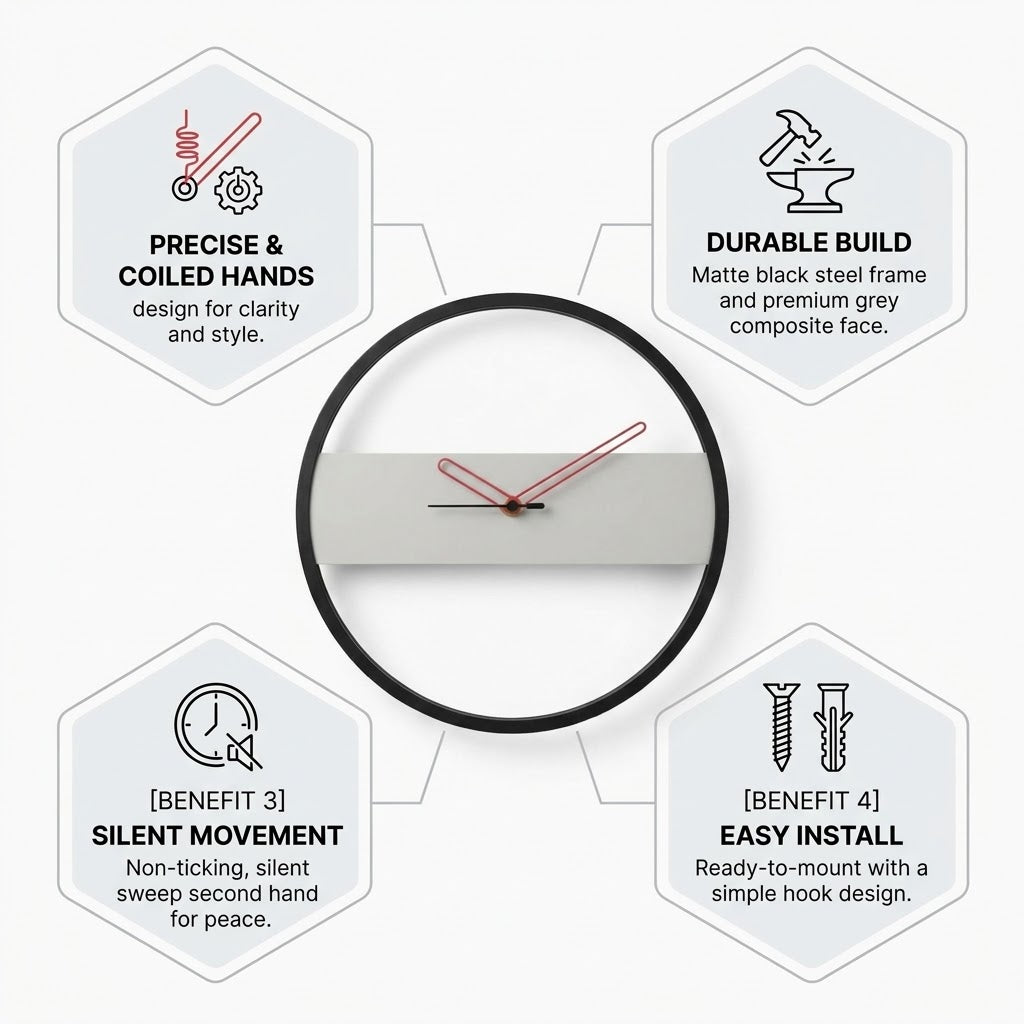Horloge Murale Minimaliste – Design Scandinave Aiguilles Rouges