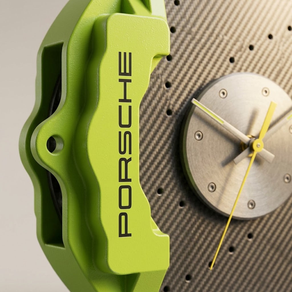 Horloge Murale Étrier de Frein Sport – Design Carbone & Vert Racing