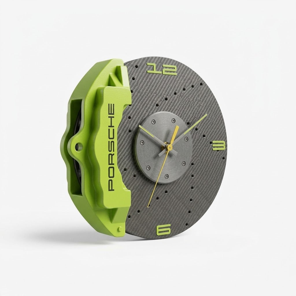 Horloge Murale Étrier de Frein Sport – Design Carbone & Vert Racing