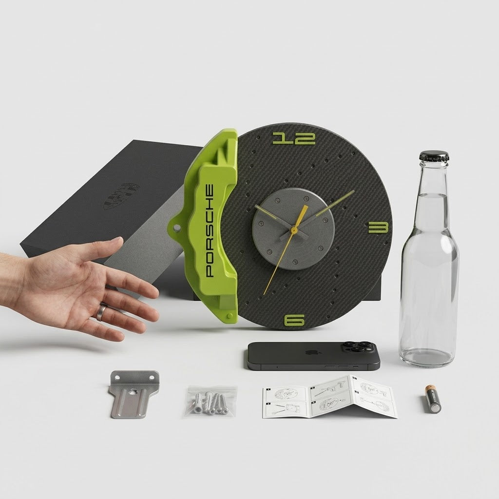 Horloge Murale Étrier de Frein Sport – Design Carbone & Vert Racing