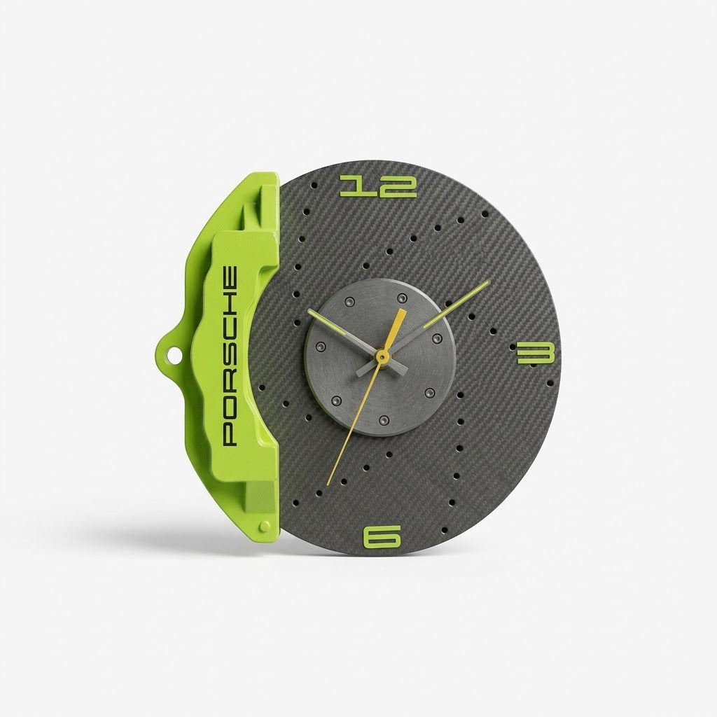 Horloge Murale Étrier de Frein Sport – Design Carbone & Vert Racing